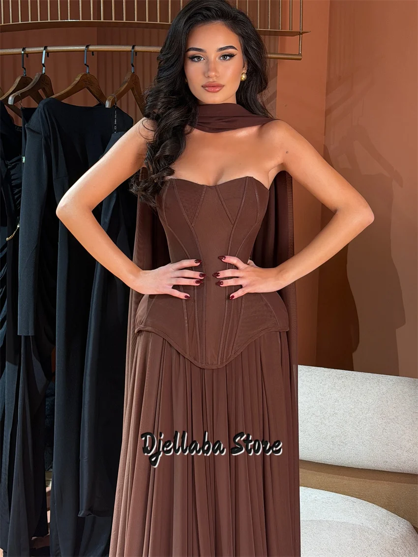 فساتين سهرة بنية رائعة مخصصة للنساء مشد شيفون ماكسي مع شال فستان حفلات الزفاف حسب الطلب