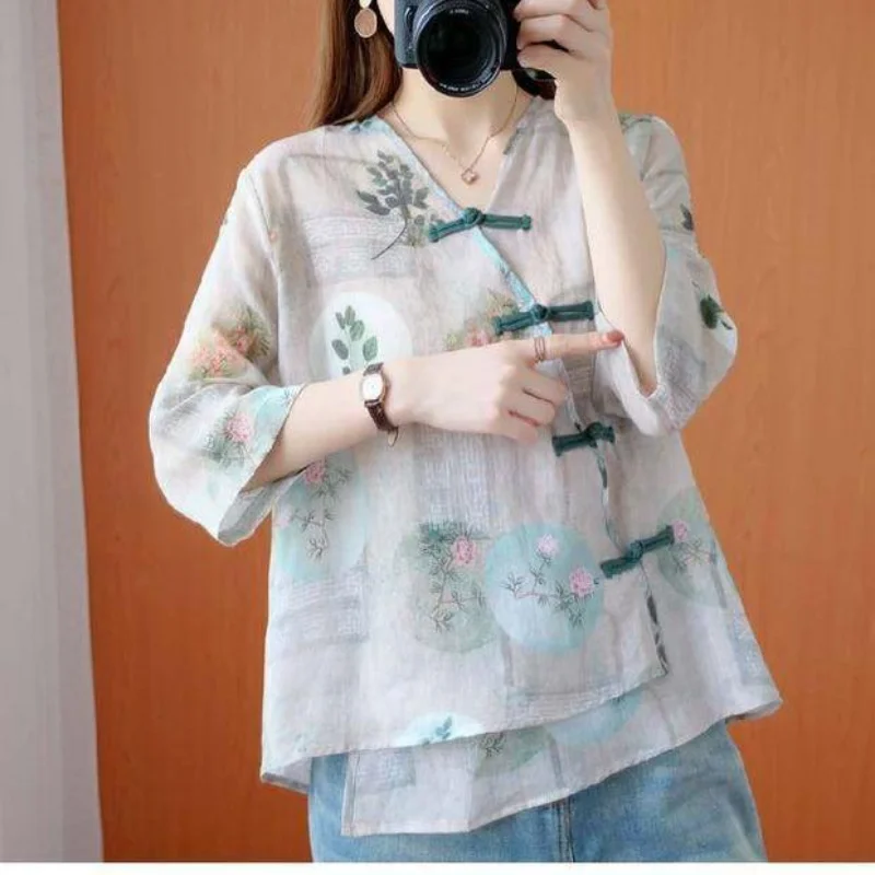 Women Summer New V-neck Cotton Linen Irregular Pullover Fashion Retro Ethnic Style Button Printing Versatile Cropped Sleeve Tops