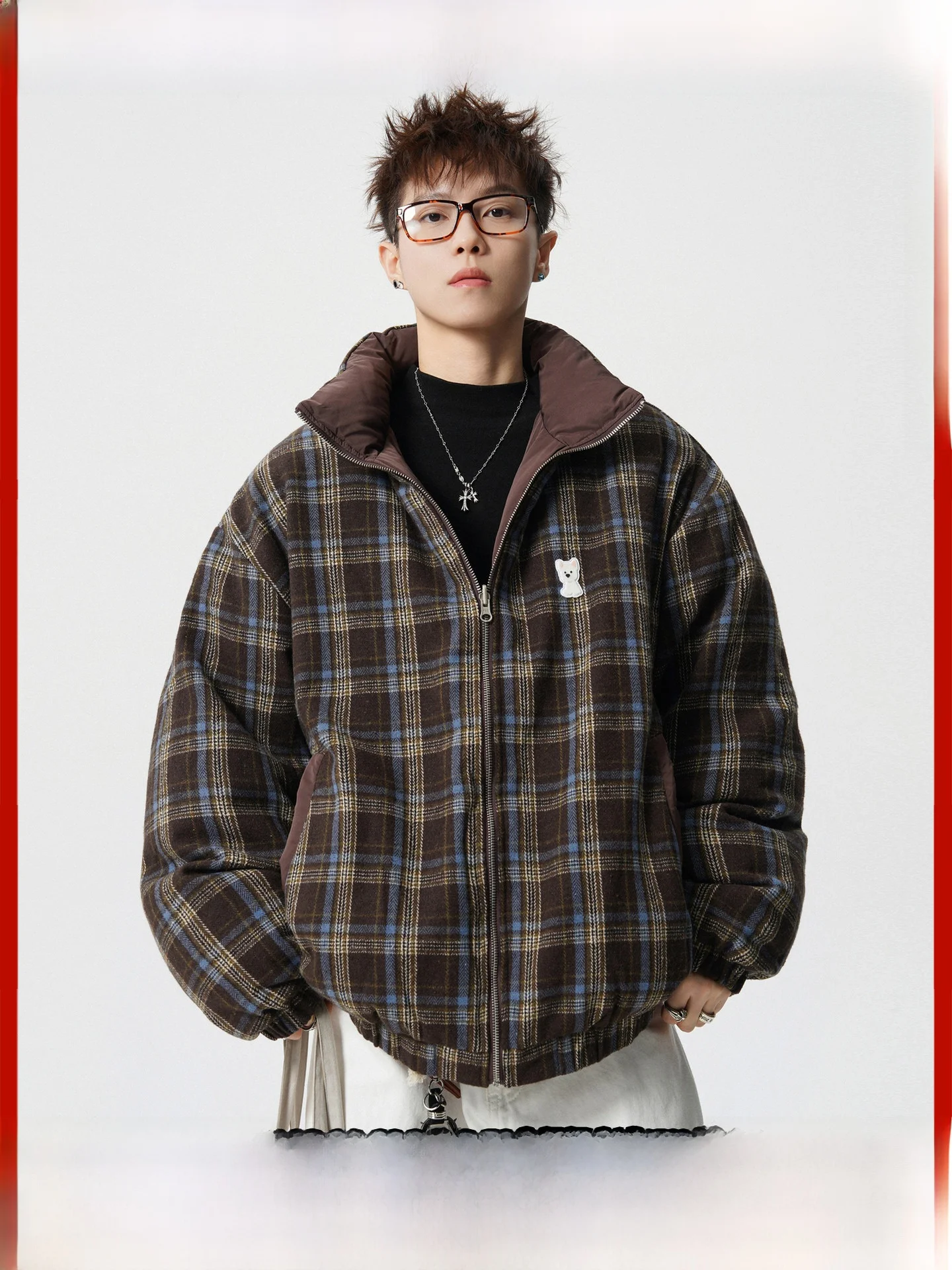 Thiened Cotton Jaet Winter Plaid Double-sided Wearable Stand Collar Men's Women's Retro Faion Brand Couple Match All-ma...