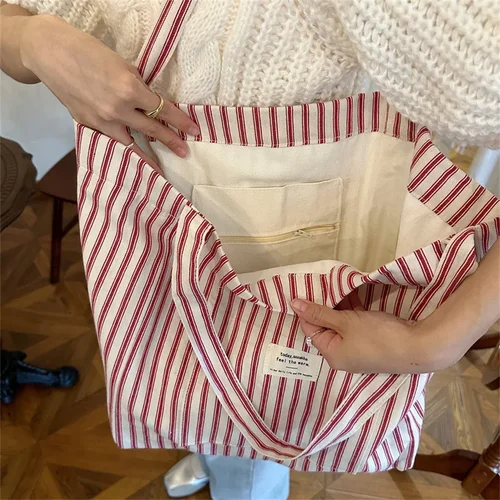 Imagen 2 del producto Bolso de hombro de lona de gran capacidad para mujer, nuevo bolso informal a rayas para compras, bolsos de hombro ligeros para ir al trabajo