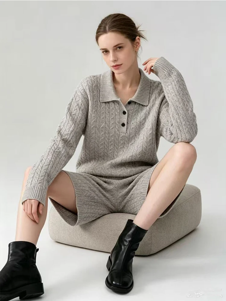 Women's New Knit Polo Collar Sweater Straight Leg Shorts Two Piece Outfit Soft Fabric Cropped Elastic Waist Autumn Winter Set