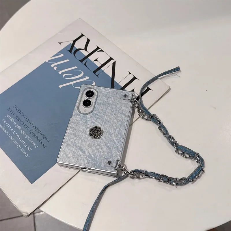 For Samsung Galaxy Z Fold 8, 8 Ultra, 7, 6, 5 phone cases, with washed denim texture leather surface, comes with a bracelet