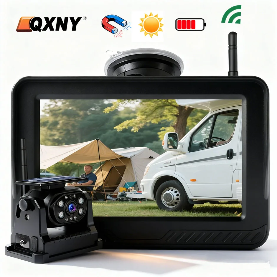 Wireless Solar Magnetic Backup Camera IR Night Vision with 5 Inch Monitor Rear View for Truck Lorry Bus RV Trailer Vehicle Car