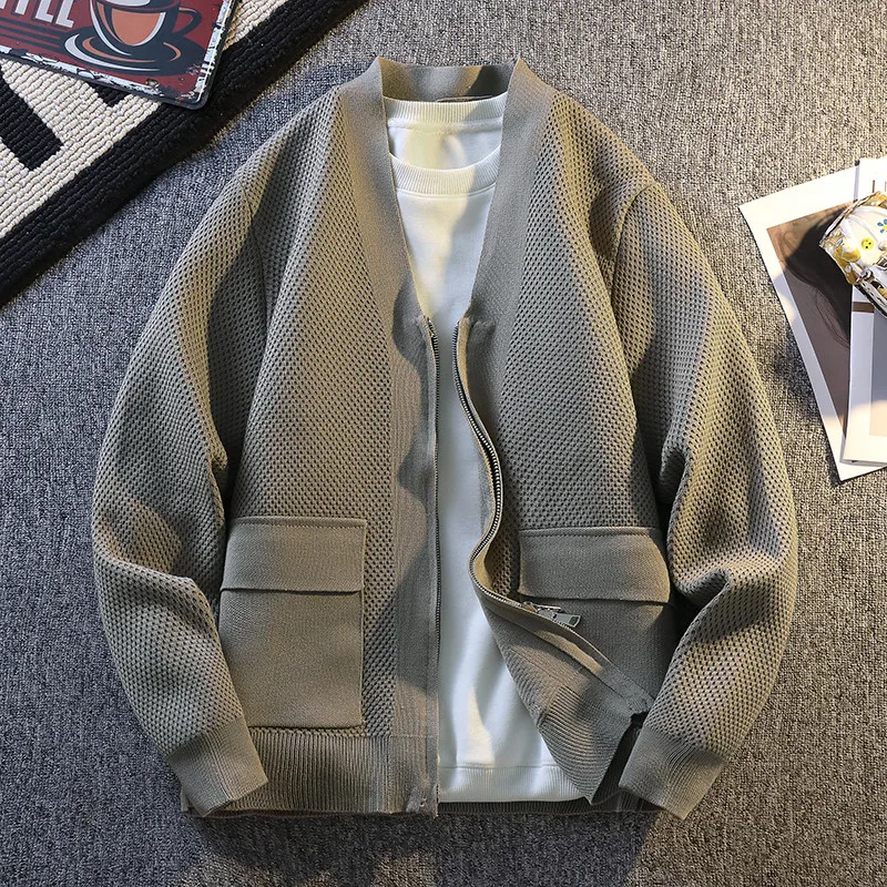 

Осенний новый мужской кардиган с V-образным вырезом, длинный рукав, повседневный, универсальный, модный, вязаный свитер, топ из полиэфирного волокна, стандартный крой