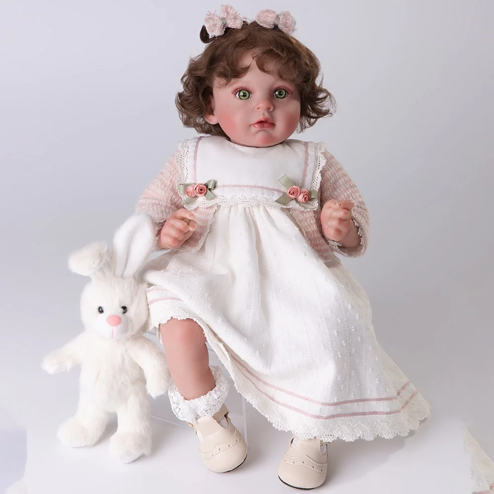 Cloveray 24 Zoll Original realistische wiedergeborene Babypuppe beruhigen hochwertige Vinylpuppe mit Kaninchenpuppe Baby Begleiter Spielzeug Kindergeschenk