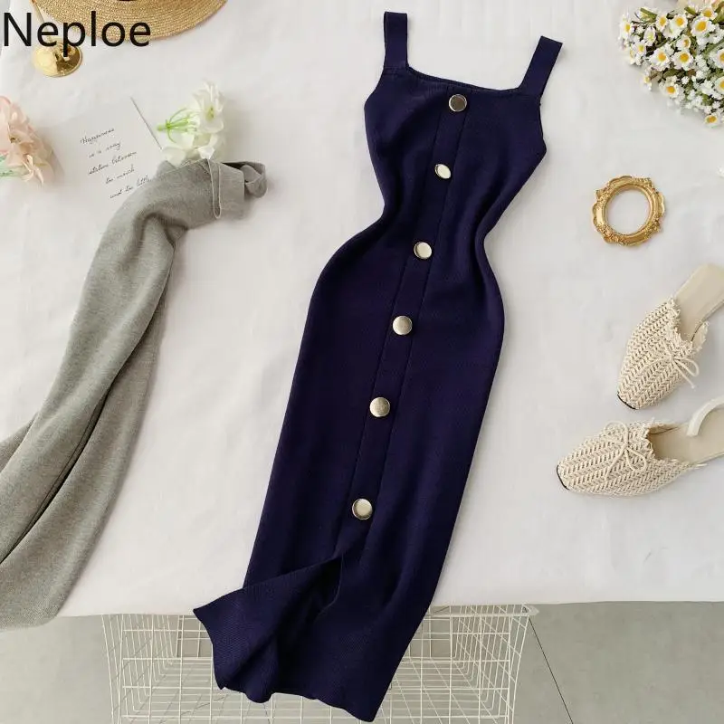 Neploe-Robe à col carré et simple boutonnage pour femme, couleur unie, taille haute, 80852