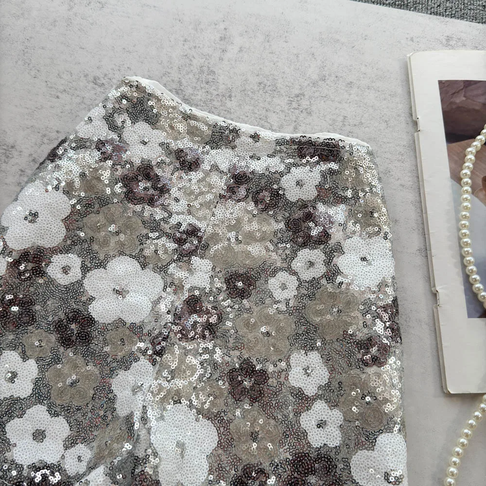 Pantaloncini a vita alta floreali con paillettes chic da donna Lady Streetwear Fiori Pantaloni corti a linea A