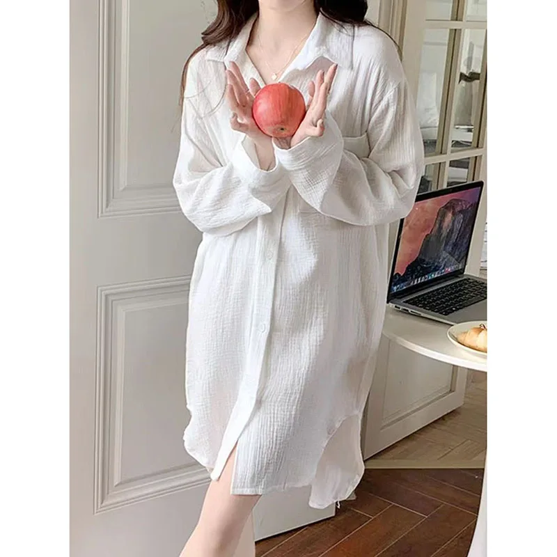 White Women Nightgown Korean Sleepwear Pocket Nightwear Autumn Night Dress Long Sleeve One Piece Pajamas Button Home Wear New