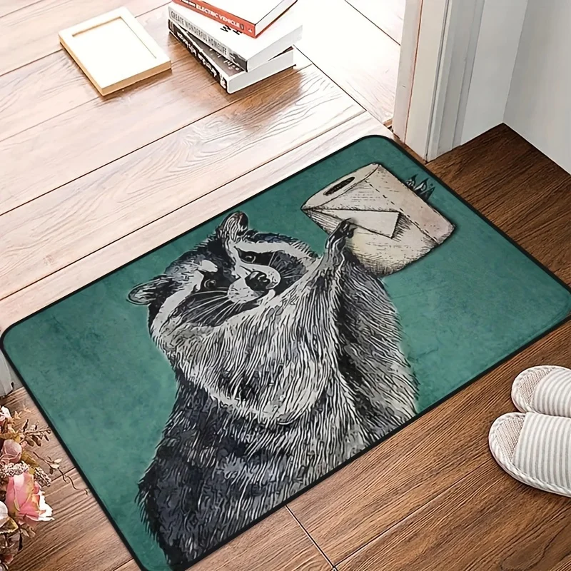 2D Flat Raccoon Holding Envelope Vintage Illustration Green Background Flannel Door Mat Non Slip Funny Wildlife Rug For Entryway