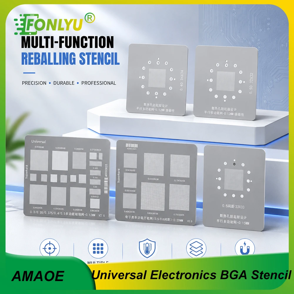 AMAOE Universal BGA Reballing Stencil 0.3/0.35/0.4/0.5/0.8mm Pitch Soldering Mesh Template Multiple Size IC Rework Repair Tool