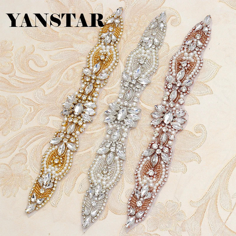 

YANSTAR 10PCS Wholesale Bridal Beaded Rose Gold Rhinestones Appliques For Wedding Dress Sash Rhinestones Appliques YS871