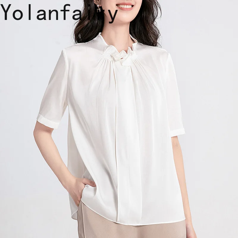 YOLANFAIRY High Quality 100% Real Mulberry Silk T Shirts for Woman Summer Clothes Elegant White Top Women's Korean Fashion Tees