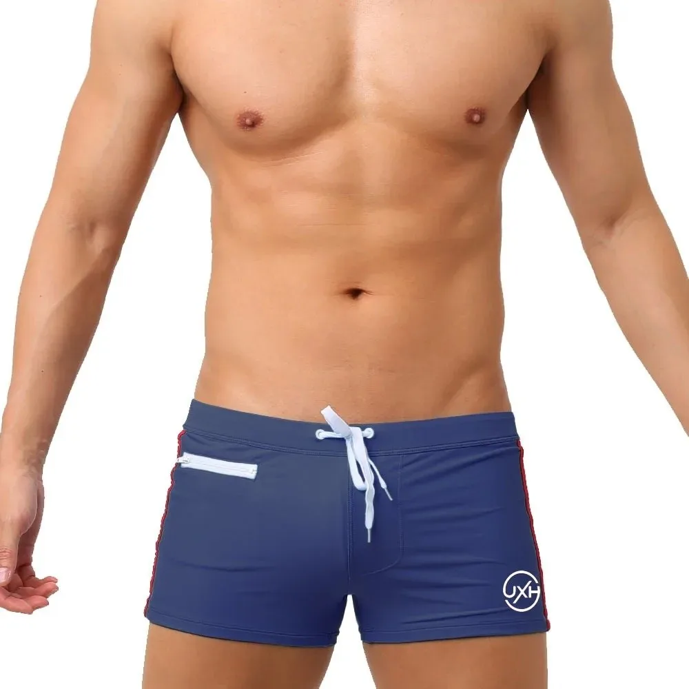 New Quick Drying Men's Swimming Trunks with Zipper Pocket Polyester Swim Boxers High Elasticity Beach Shorts Beach Wear