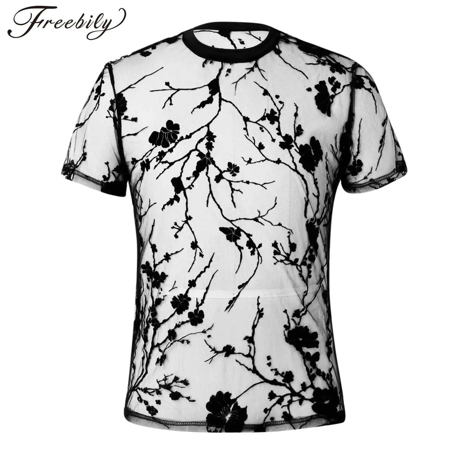 

Men's Clothing Floral T-shirts Hot Short Sleeve Round Neck See-through Tulle T-shirt Tops Nightclub Party Short Sleeve Tees