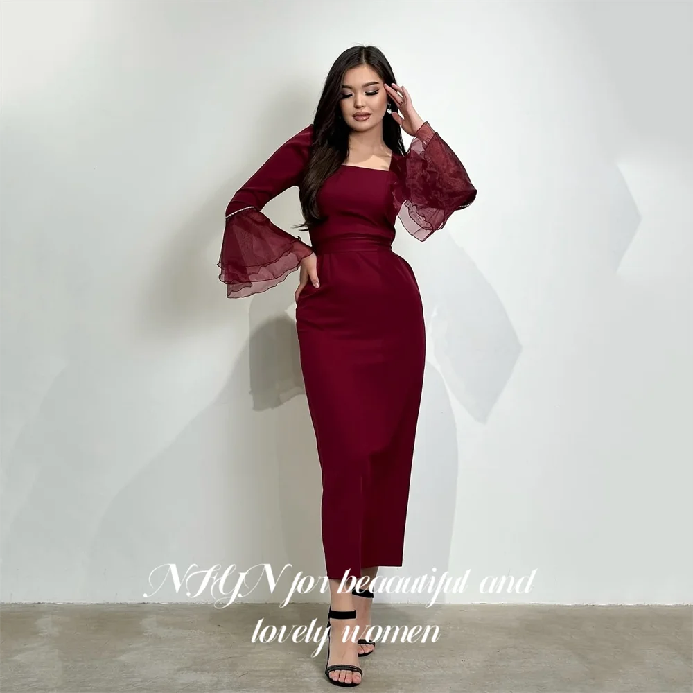 ชุดราตรีสีเบอร์กันดี NFYN คอเหลี่ยม ความยาวปานกลาง แบบเดรสคนดัง แขนชีฟองบาน  ชุดราตรีสำหรับผู้หญิง สามารถสั่งตัดได้