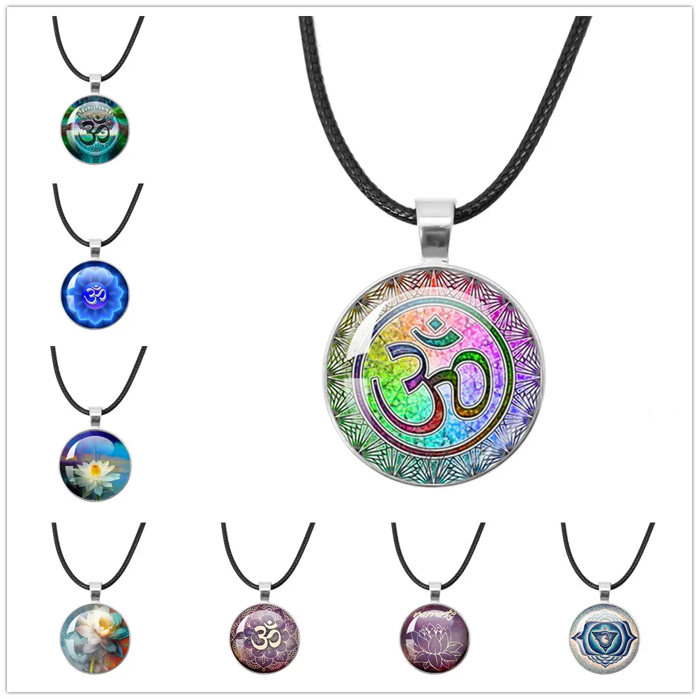 OM Yoga Jewelry Necklaces OM Symbol Buddhism Zen Unique Mandala Flower Rope Chain Glass Pendant Necklaces For Women Gift Jewelry