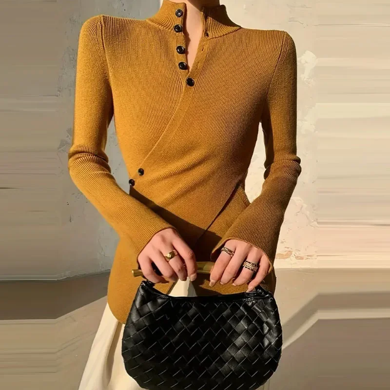 

Temperament Irregular Women's Jumpers Fashion Design Style Solid Color Slim Sweater Elegant Lady Long Sleeve Button Commute Tops