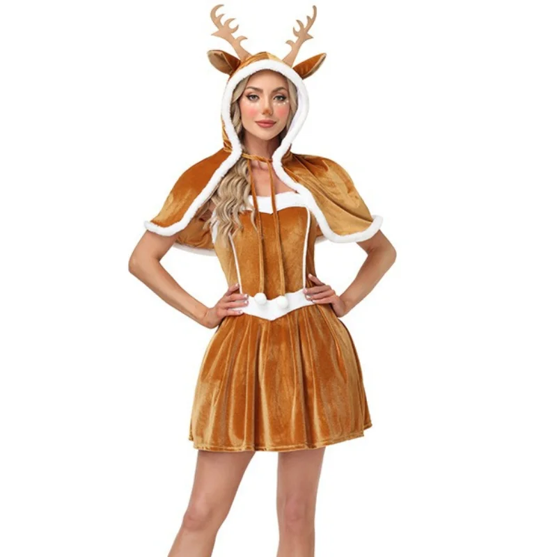 Damen Weihnachten Neujahr Party Cosplay Santa Girl Rentier Hirsch Elch Kapuzenumhang Niedliche Bühnen-Neujahrsparty-Kostüme