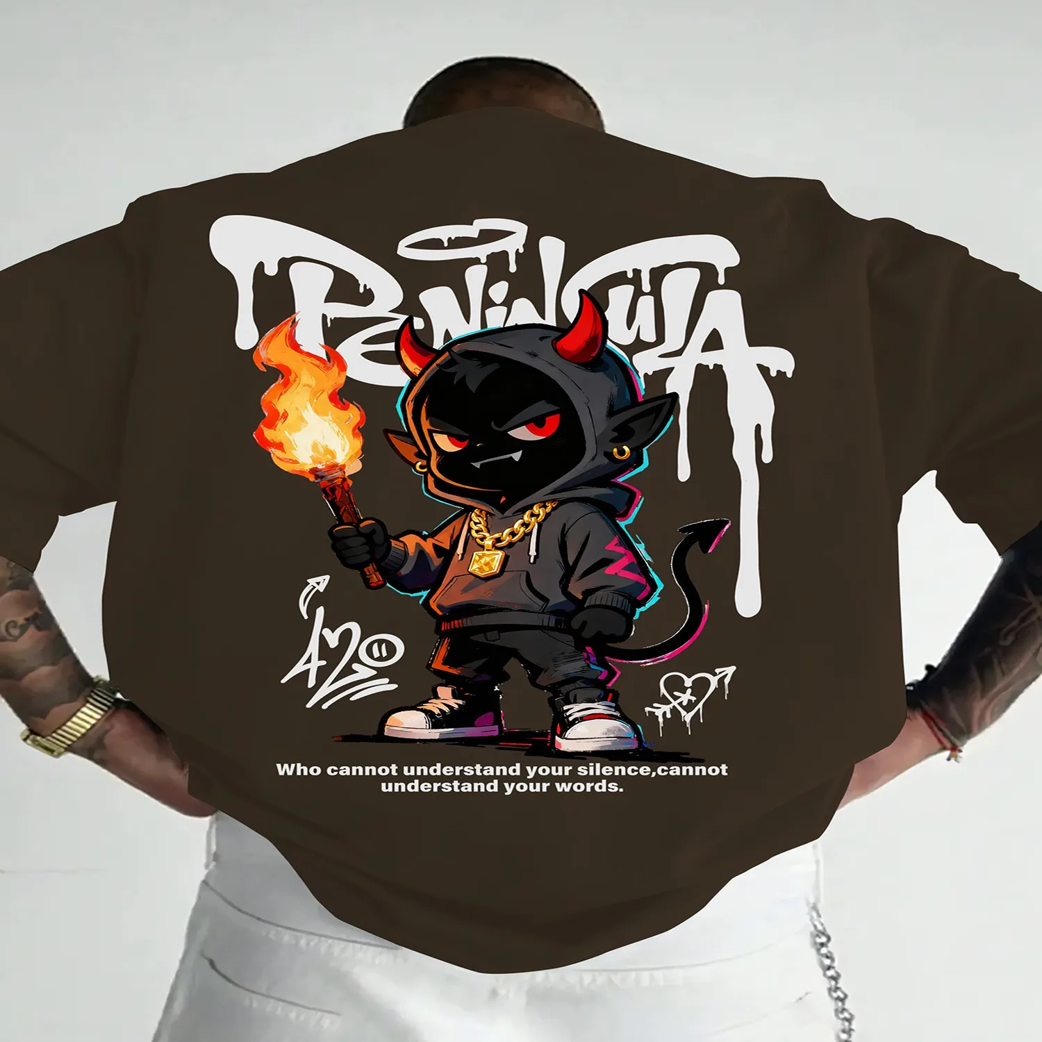 Lighting the Path Ahead for You, Preventing You from Falling into the Abyss Men's Casual Sporty Streetwear Y2K Graffiti-style T-shirt with a Trendy Short Sleeve Print Featuring a Little Devil Ho Men Graphic Tee, Weekend Casual Top