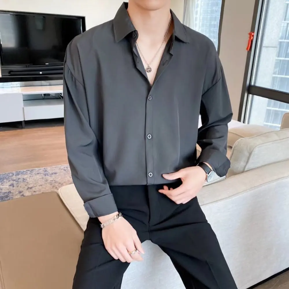 Casual Mens Shirt Long Sleeve Black Business Fashion Drape Texture Lightweight Breathable Loose Fit Youth Aesthetic Daily Top