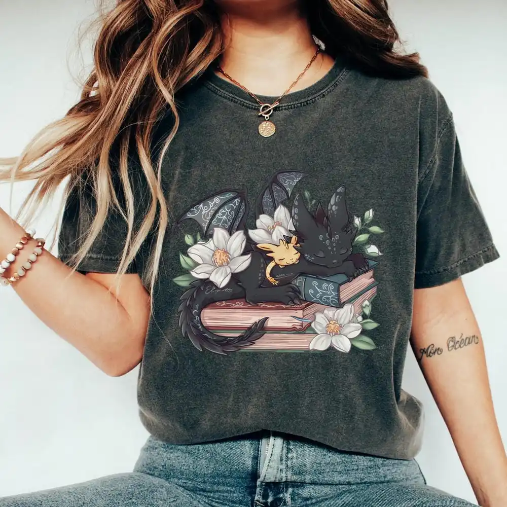 

Fantasy Book Dragon Print Comfort Shirt Fantasy Dragon Unisex Bookish Shirt 100% Cotton Short Sleeve Washed Shirt Y2K Streetwear