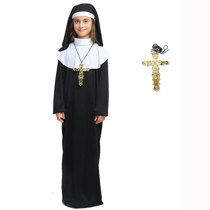 Boys Girls Nun Cosplay Headchief Costume God Father Priest Robe Cloak Cross Necklace Witch Wizard Halloween Costume