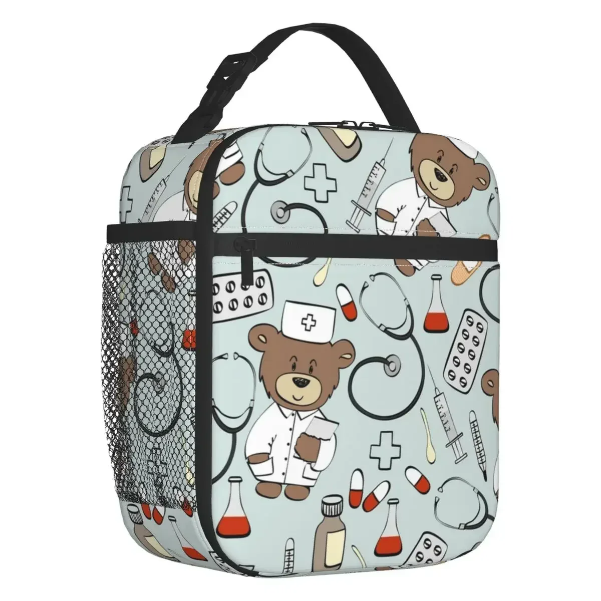 

Nurse Pattern With Bear Insulated Lunch Bags for Women Health Care Nursing Portable Thermal Cooler Bento Box Work School Travel