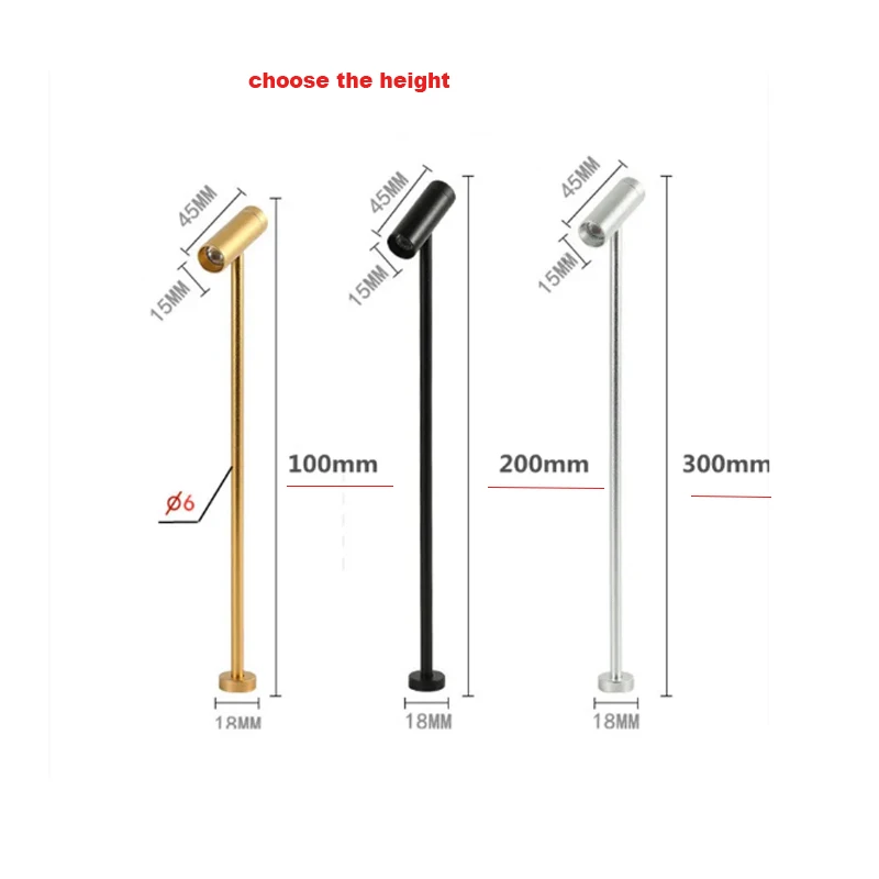 Focos LED ajustables de altura para escaparate, lámpara de pared de 3W, 300/200/100mm, para exhibición de joyería, CA 220V, cc 12V