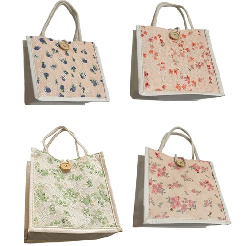 Trendy Japanese Style Floral Fabric Bag Women Sweet Casual Handbag with Top Handle Large Capacity Shopping Bag for Daily School