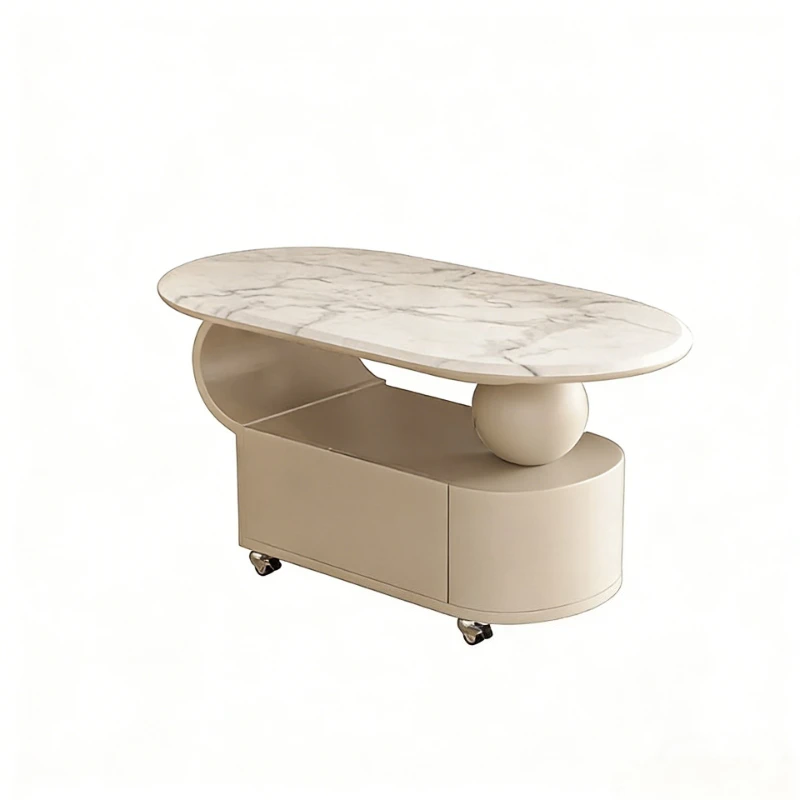 Cream style, light luxury supercrystalline stone coffee table, with rollers, removable, with drawers, household living room