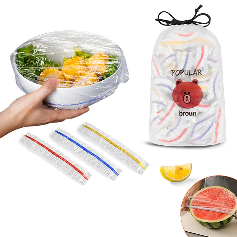 100pc PE Colorful Disposable Food Cover Elastic Plastic Wrap Food-grade Fresh-keeping Film Bag Thickened Disposable Bowl Cover