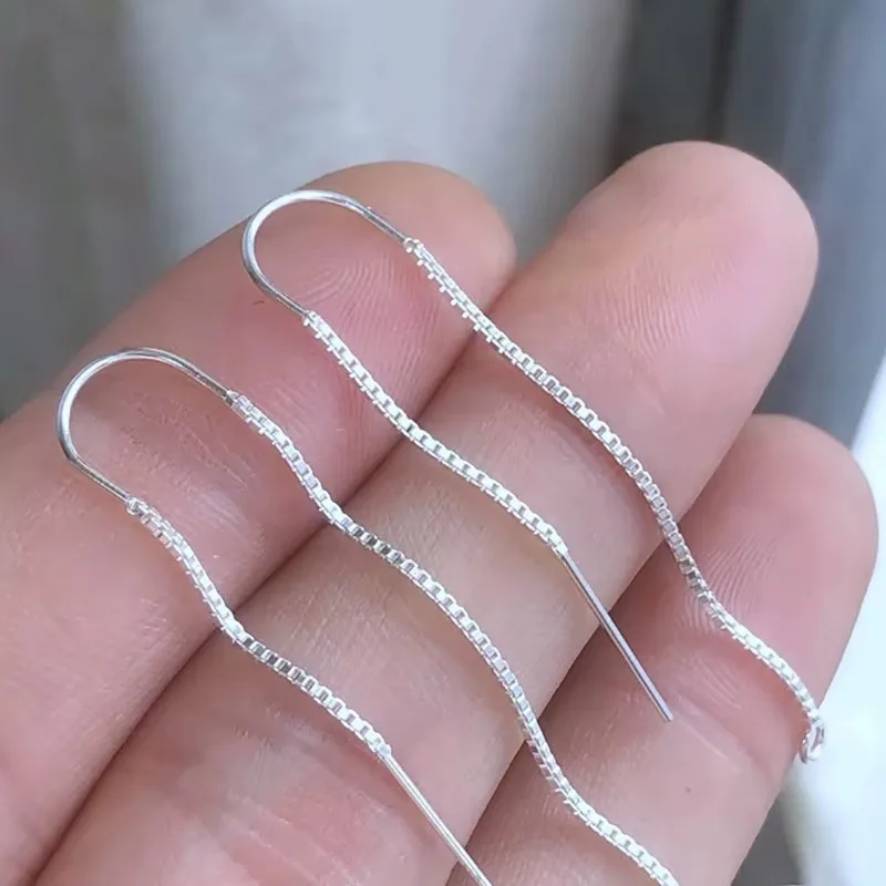 925 Silver Earrings U-Threader DC Cable Chain Sterling Silver Box Chain Drop w/Ring Loop Ear Components Jewelry Findings