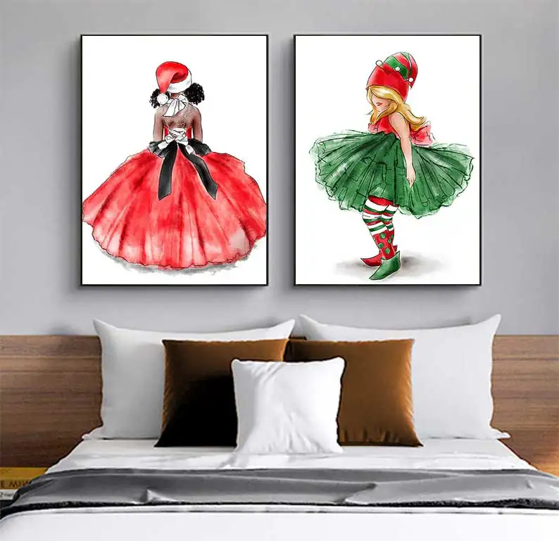 Merry Christmas Cartoon Boho Girls Santa Wall Art Canvas Painting Nordic Posters And Prints Wall Pictures Baby Room Home Decor