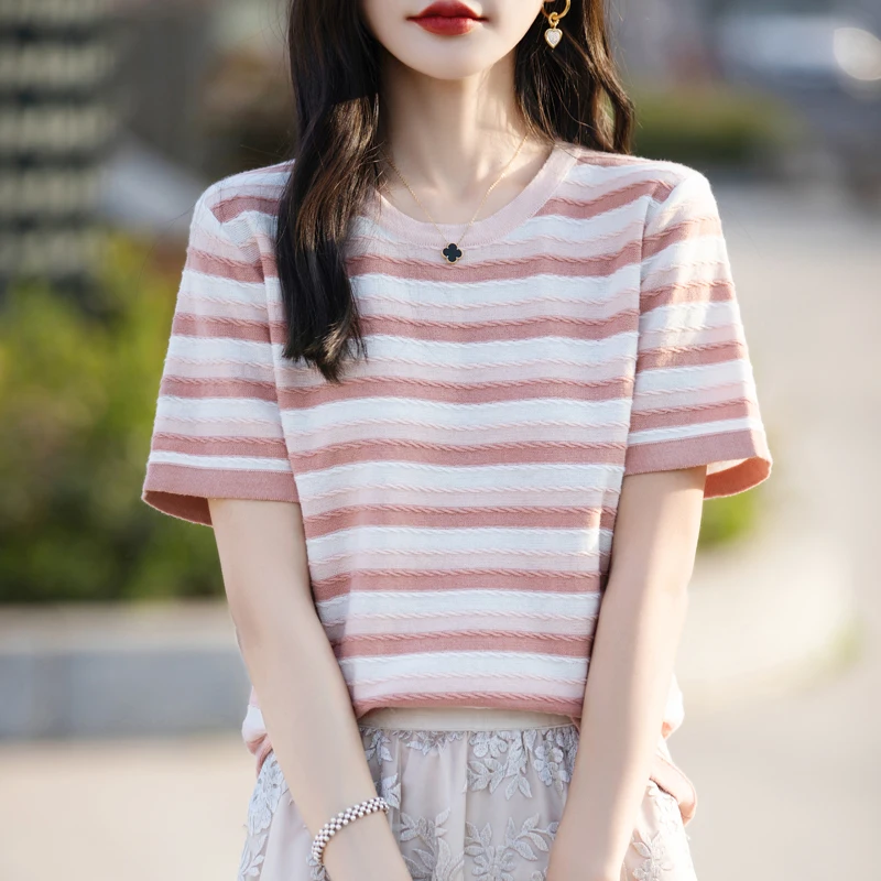 

Summer New Knitted Twisted Striped Short Sleeve T-shirt Women 100% Cotton Thread Closure Loose Relaxing Contrast Color Tees Tops