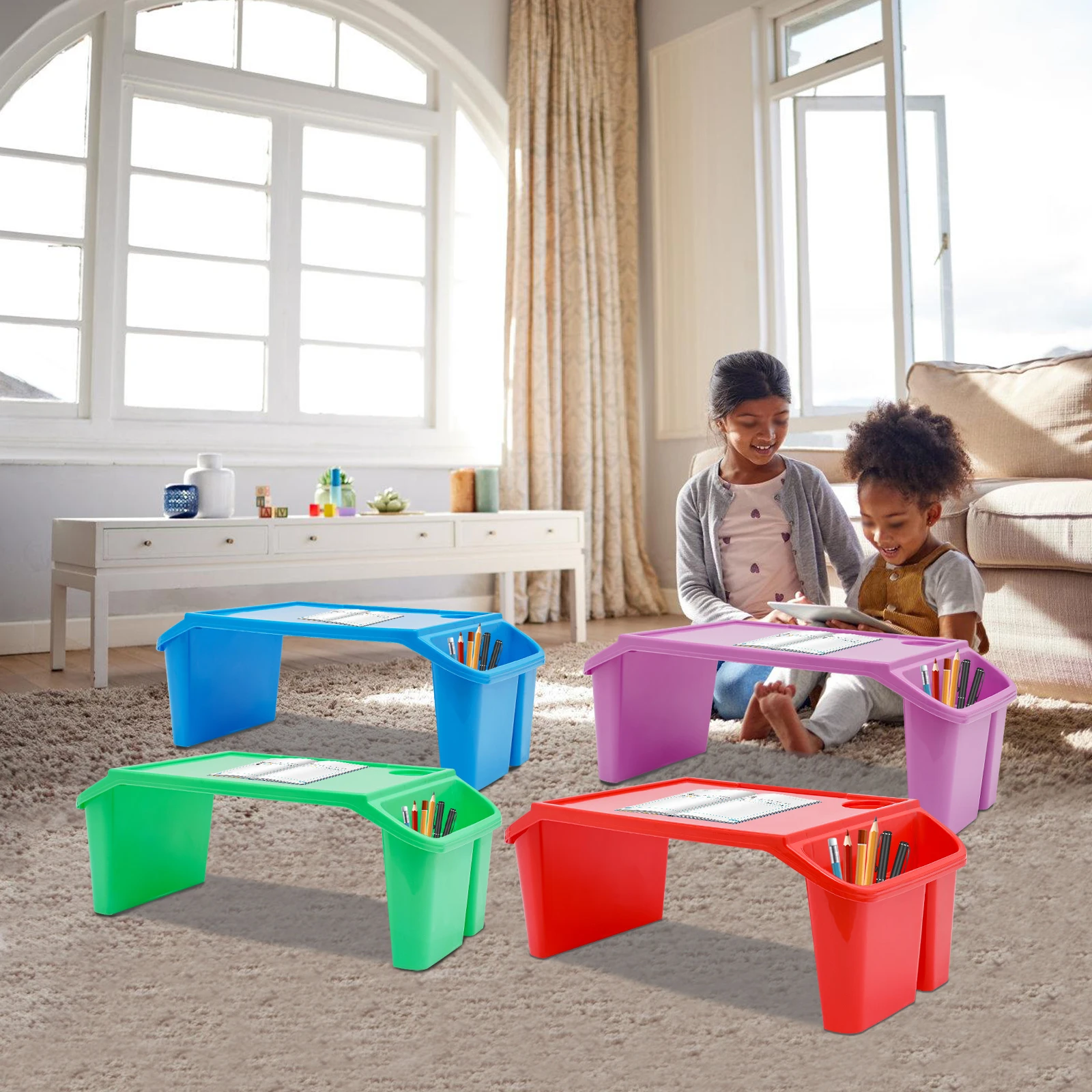 Bymaocar 4pcs Plastic Kids Lap Breakfast Desk Tray with Side Pockets, Portable Regular Dining Bed Table Reading Stand Kid's Desk