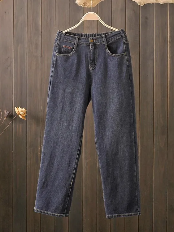 

Thickened Towel Bottom Jeans Women Loose Slimming Casual Straight Leg Floor-Length Pants Autumn Winter plus Size Jeans