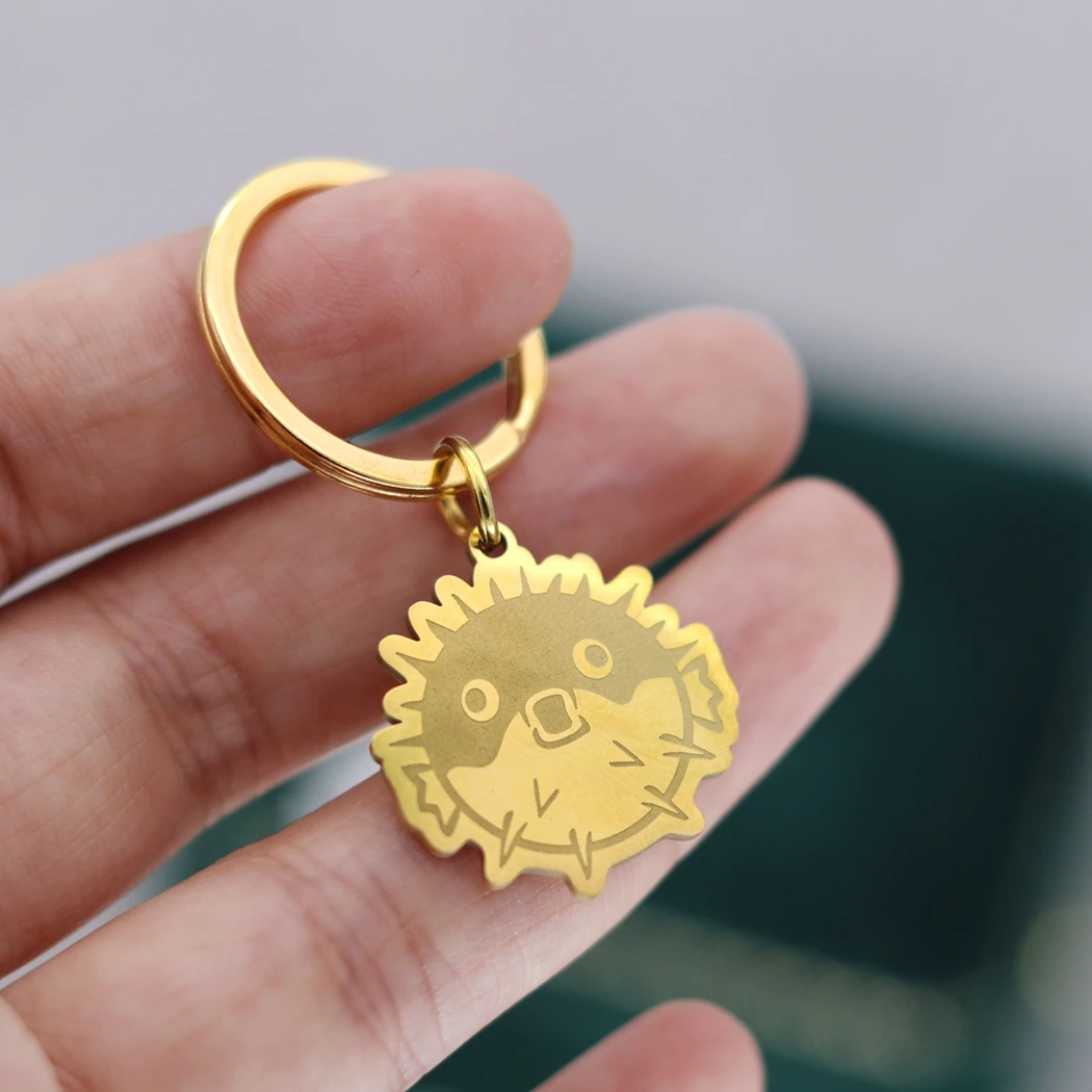 

Trendy Puffer Fish Pendant Keychain Custom Name Keyring ID Number Tag Men Women Stainless Steel Jewelry Gift Keepsakes