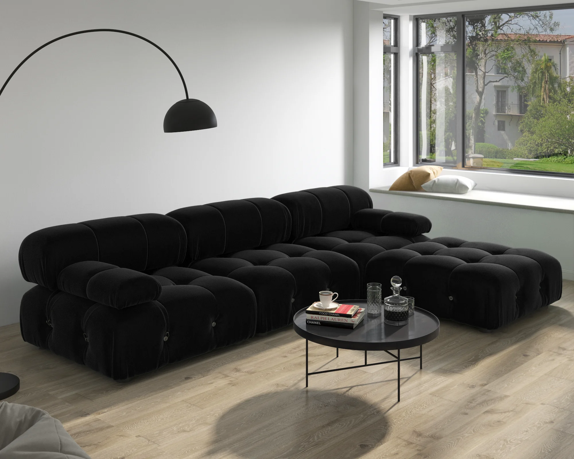 Sofá secional minimalista para sala de estar, tecido de veludo preto, sofás modulares com otomanos, lounge confortável, conjuntos de sofás