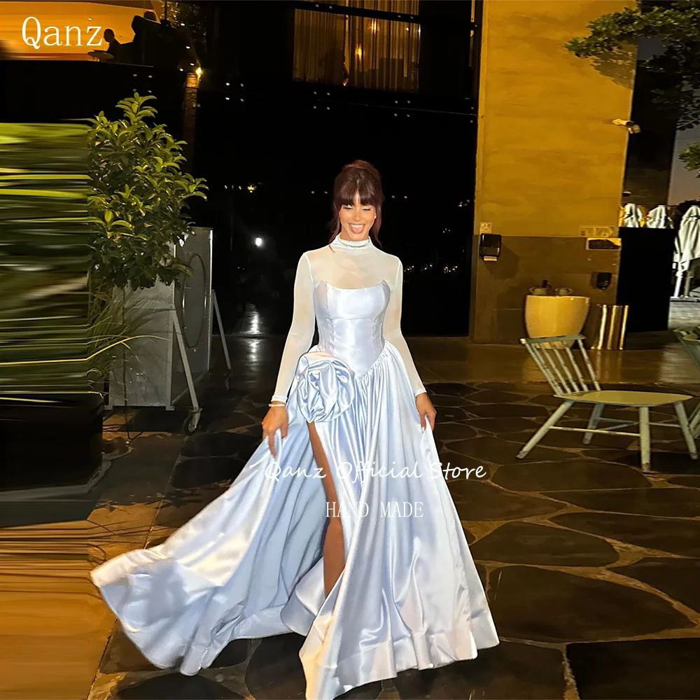 

Qanz Элегантные женские платья для выпускного вечера Небесно-голубое атласное вечернее платье с высоким боковым разрезом и длинными рукавами Vestidos De Noche по индивидуальному заказу