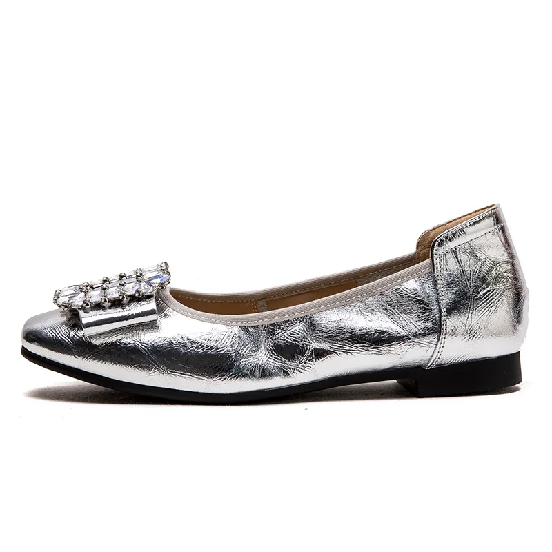 DRKANOL Fashion Women Flat Shoes Shallow Hand Scratch Pattern Genuine Leather Square Toe Shining Rhinestone Shallow Casual Shoes