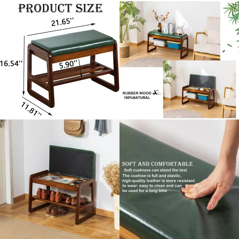 

Зеленая скамья для хранения обуви в прихожей с подушкой и откидным отделением, 2-уровневый органайзер, длина 21,65