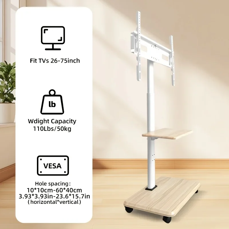 Heavy-Duty Mobile TV Stand for 26-75 Inch TVs - Rolling Floor Cart with Locking Wheels, Swivel & Height Adjustable, Holds 99lbs
