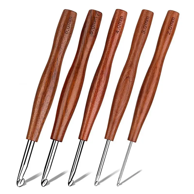 AS94-5 Pcs Crochet Hook, 5 Size Aluminum Ergonomic Crochet Hook With Wooden Handle For Arthritic Hands,Crochet Needles