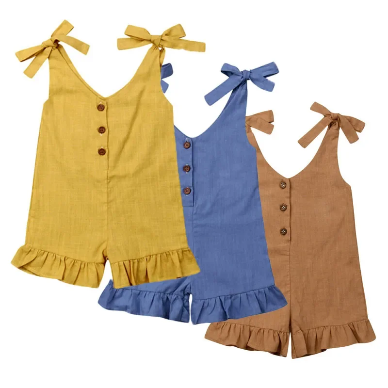 Baby Clothes 1-6Y New Baby Girl Cotton Linen Clothes Girls Ruffle Romper Kids Jumpsuit Summer Sleeveless Button Overalls Outfits