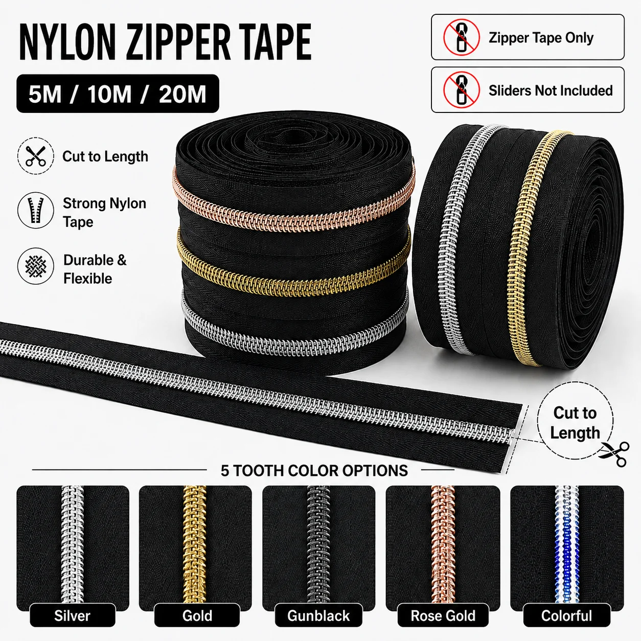 

5/10/20M 3# 5# Nylon Coil Zipper Roll Continuous Zippers Tape Black Zips By Meter for Garment Bag DIY Sewing Repair Accessories