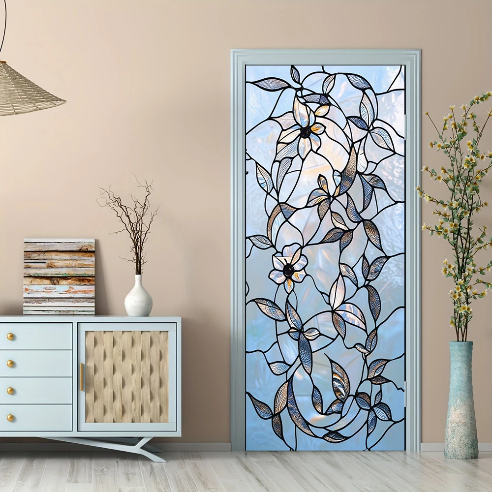 1pcs Self-Adhesive Removable Vinyl Door Stickers Colorful Glass Door Stickers with European Retro Floral Translucent Decorative