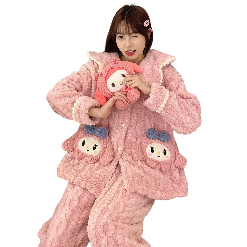 Sanurgente-Ensemble de pyjama à col rabattu en glouton pour fille, Kawaii, manches longues, chaud, chaud, hiver, ma mélodie, bande dessinée, UNIS issement, vêtements pour la maison, kit