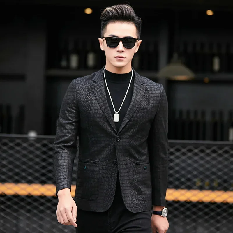 New Spring Sheepskin Leather Jacket Crocodile Pattern Genuine Mens Blazers Suit Coat