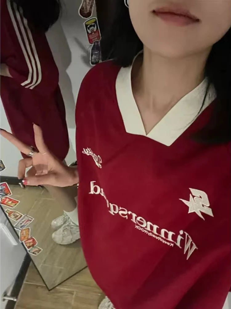 2024 여성용 오버사이즈 저지 티셔츠, 빈티지 반팔, V넥, 루즈 스포츠 상의, 힙합 스트리트웨어, 레터 티, Y2K, 여름 신상