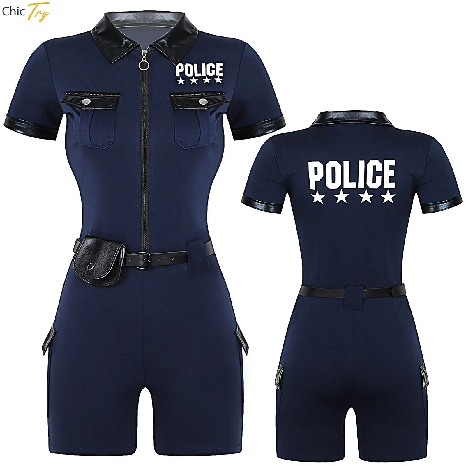 Women Policewoman Costume Police Romper Uniform Zipper Jumpsuit with Belt Purse Sets Halloween Party Dress Up Cop Officer Outfit